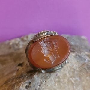 Gorgeous vintage carved carnelian cameo ring- stamped sterling with other stamps